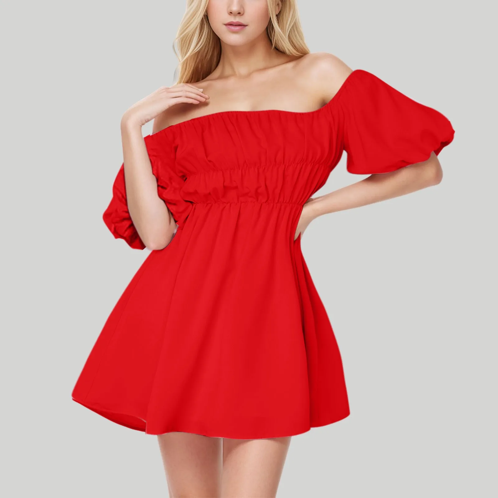 

Sexy One Line Neck Off The Shoulder Dress Women Puffed Sleeves Waisted Sweet Swing Mini Dress Elegant Party Dress For Women