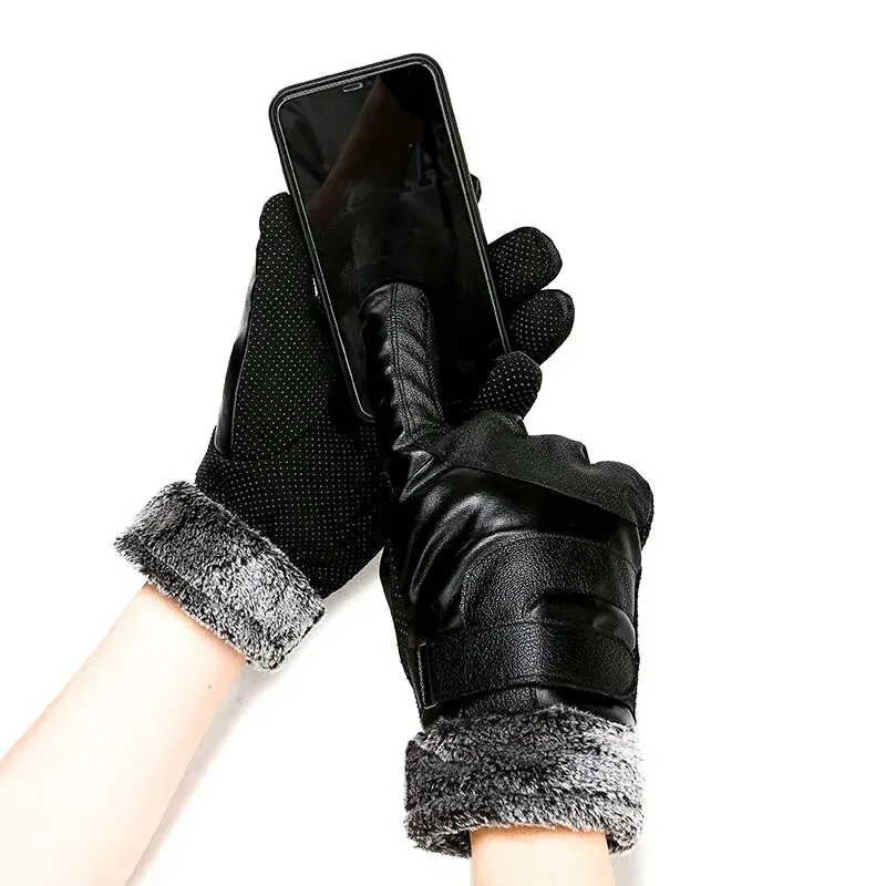 Leather Gloves Men's Women's Winter Fleece Thickened Warm Touch Screen Windproof Waterproof Driving Motorcycle Riding Gloves touchscreen gloves warm gloves