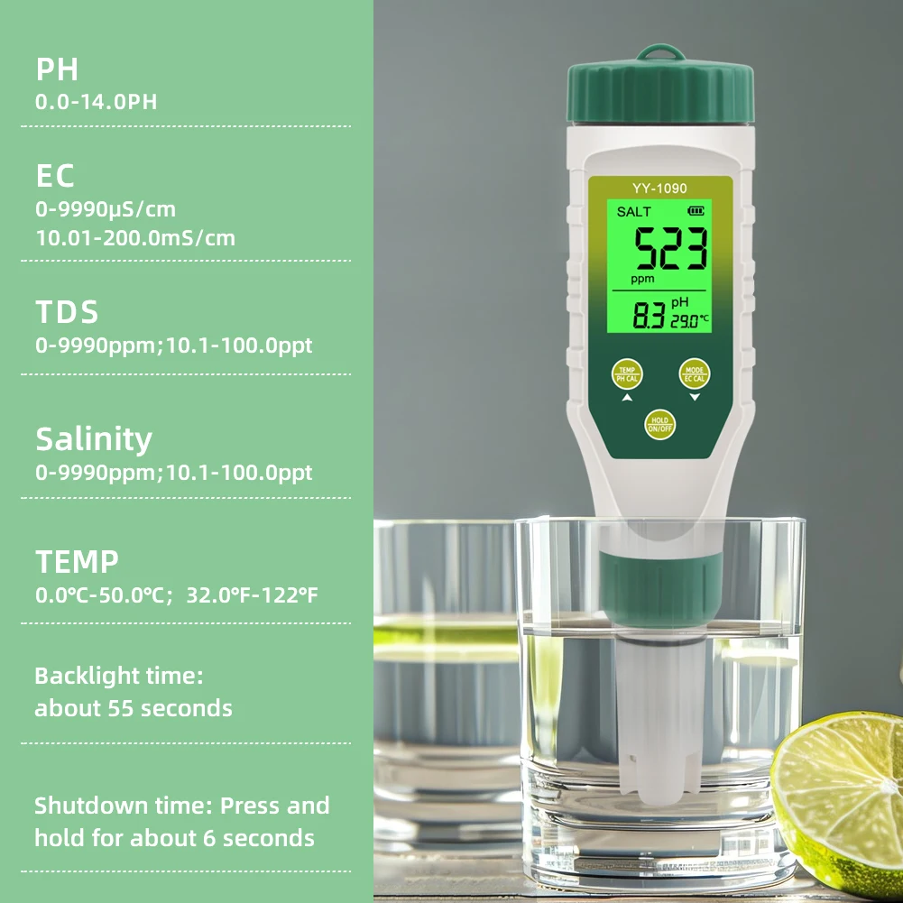 Yieryi Digitales PH-Messgerät, Salzgehalt, TDS, EC-Temperatur, Salzwassertester, 5-in-1-LCD-Doppelanzeige, Salimeter für Aquarien, Hydrokultur-Pool – Detail 1
