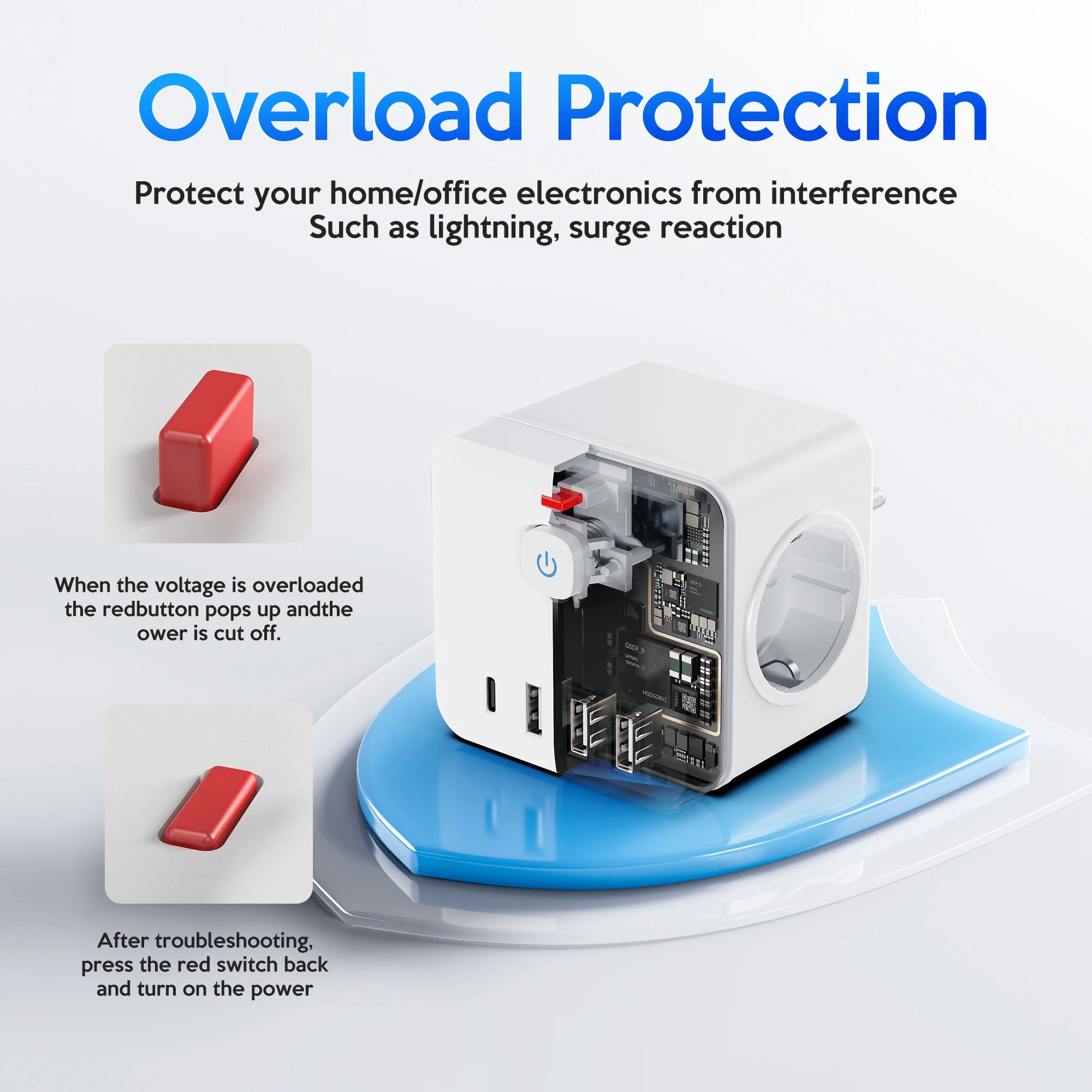 USB 포트 3개, Type-C 포트 1개, AC 소켓 3개, 서지 방지 다기능 여행용 충전기를 갖춘 7-in-1 유럽 전원 확장기