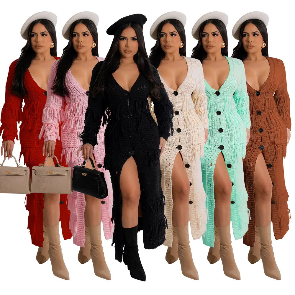 

Women Single Breasted Long Sleeve V-neck Tassel Knit Ribbed Sweater Bodycon Midi Maxi Dress 2023 Winter Autumn Dresses