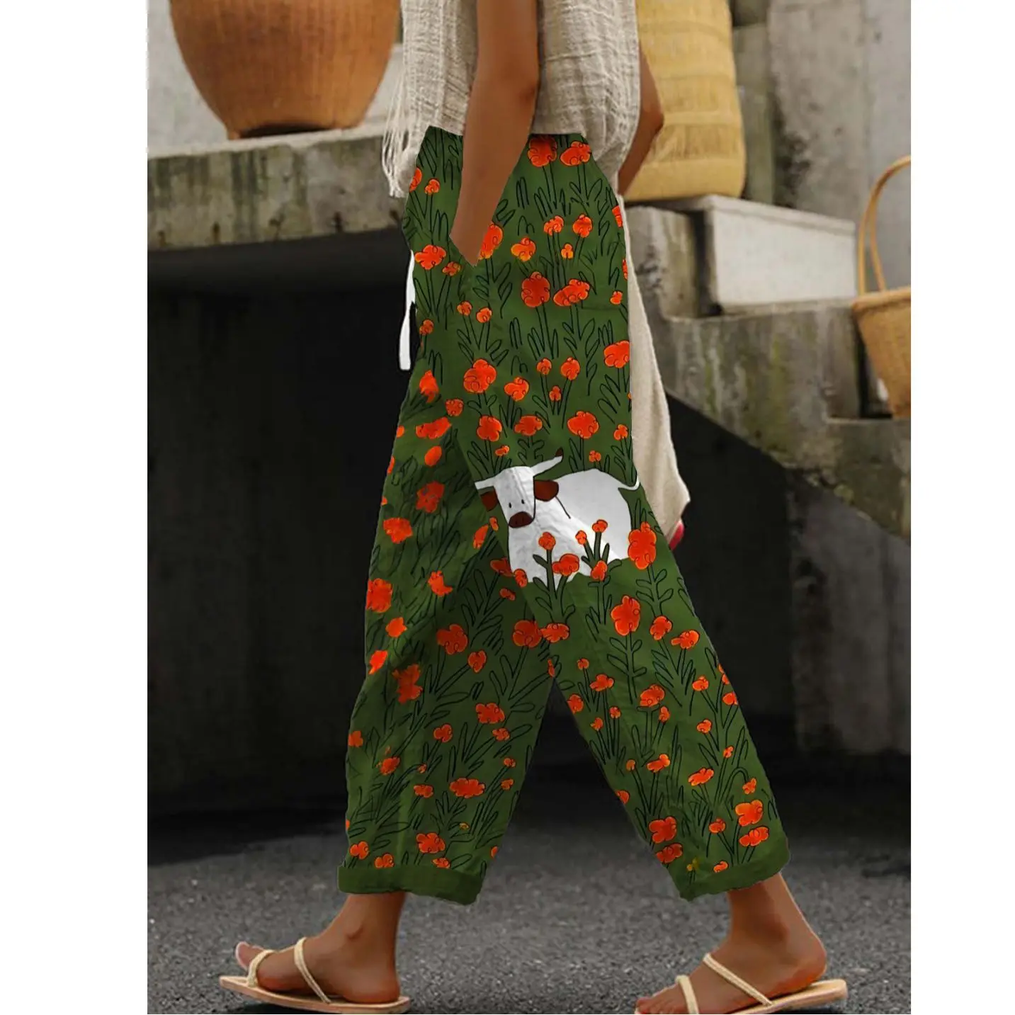 

New Korean Pants Women Summer Ankle-Length Pants Trousers Home Clothes Loose Wide Leg Pants Girls Casual Flower Print Sweatpants