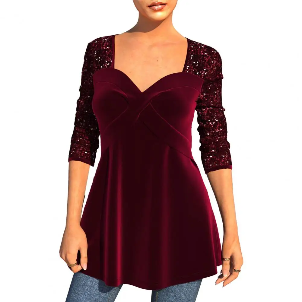 

Women Loose Style Top Stunning Sequin V-neck Blouse Flattering A-line Silhouette Cross Lady Top with Shiny Patchwork for Women's