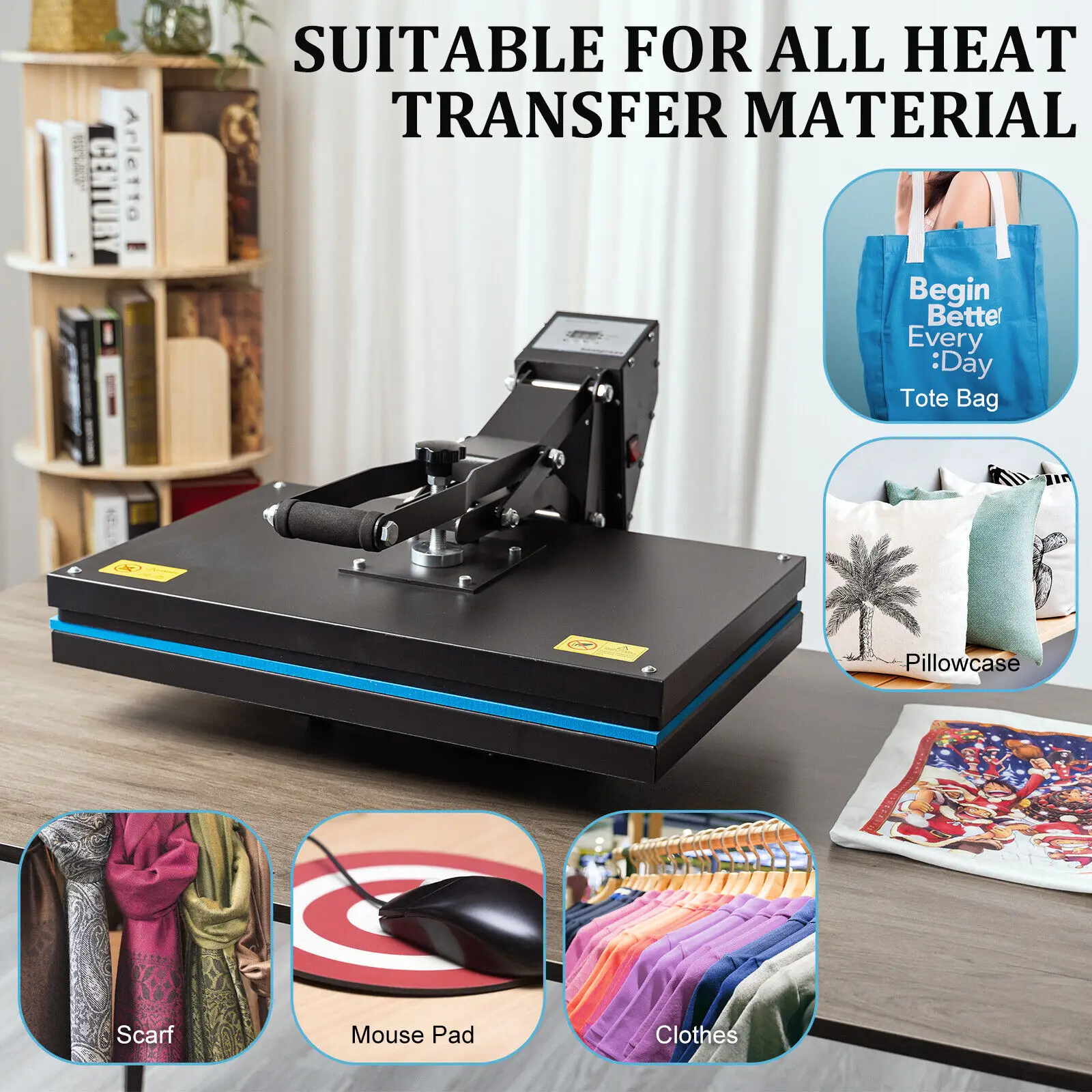 Heat Press Machine Clamshell Digital Sublimation Transfer Printer Double Tube Heating DIY T-shirt 16x24 '', 1700W