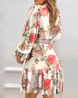 Women Floral Print Shirred Ruffle Dress 3