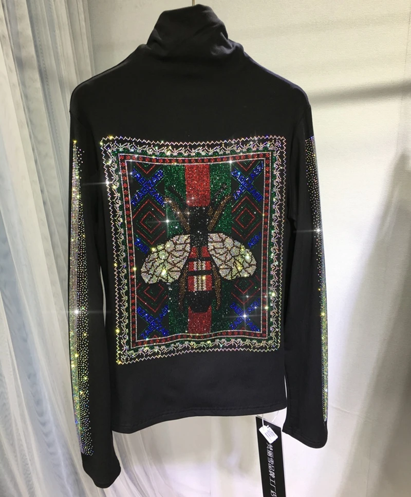 

Luxury Sparking Diamonds Thick T Shirt Women's Winter Autumn Turtleneck Top Bottoming Long Sleeve T-shirt Female Stitch Tees