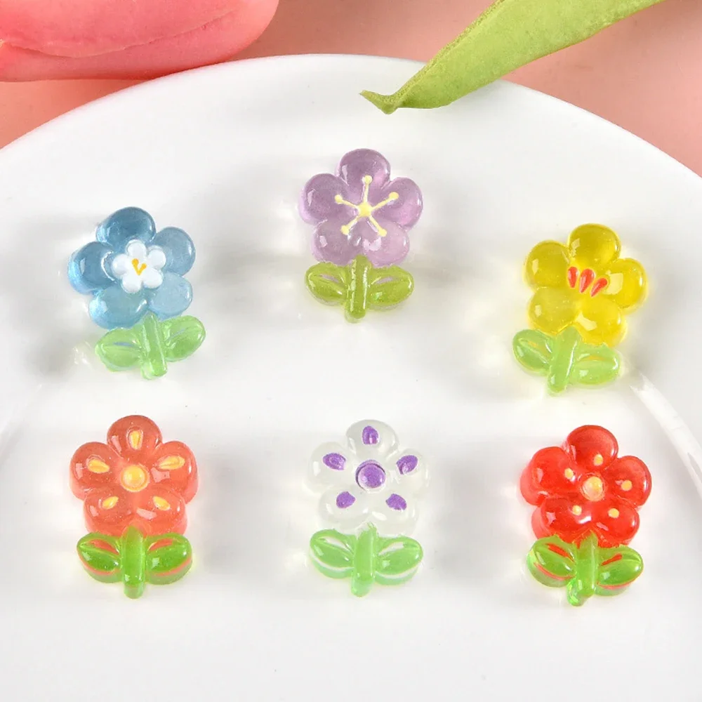 투명 귀여운 작은 꽃 시리즈 송진 플랫 백 카보숑, 스크랩북용 DIY 보석 공예 장식 액세서리, 10 개