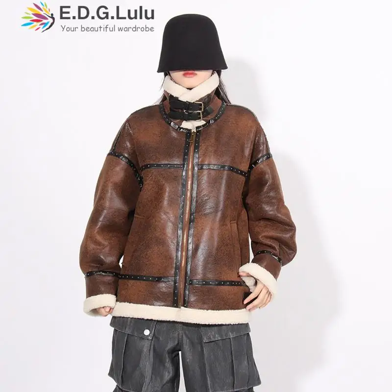 

EDGLuLu Korean Fashion 2023 Autumn Winter New Standing Collar Long Sleeved Suede Fur Jacket Design Zipper Loose Coat 1127