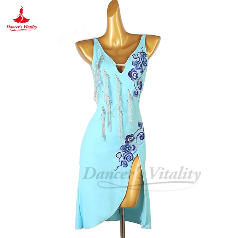 

Rumba Dance Performance Costume Dress Customsized Rumba Single Sleeves Competition Light Blue Latin Dancing Professional Dresses