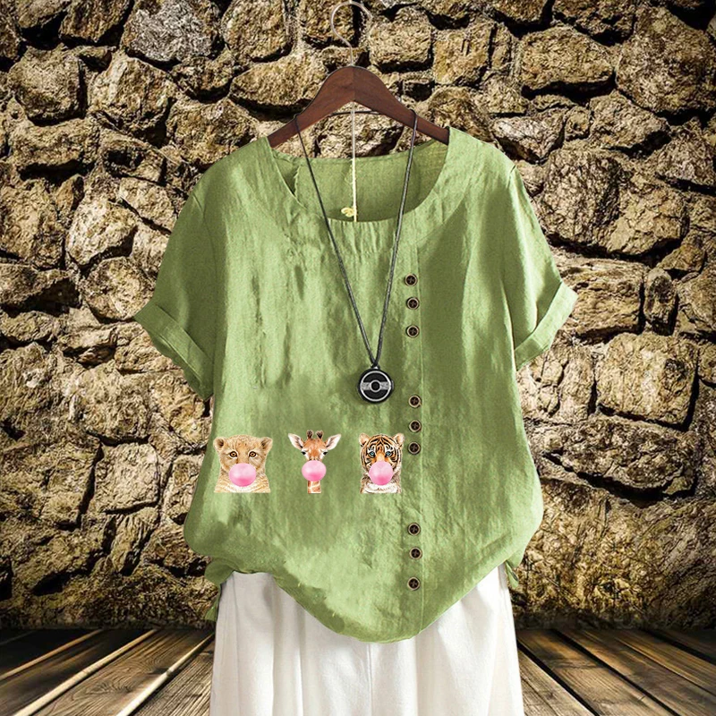 

2022 New Summer Ladies Cartoon Animal Printed Blouse Comfortable Short Sleeve Loose Shirt Cotton Linen Simple Solid Tops XS-5XL
