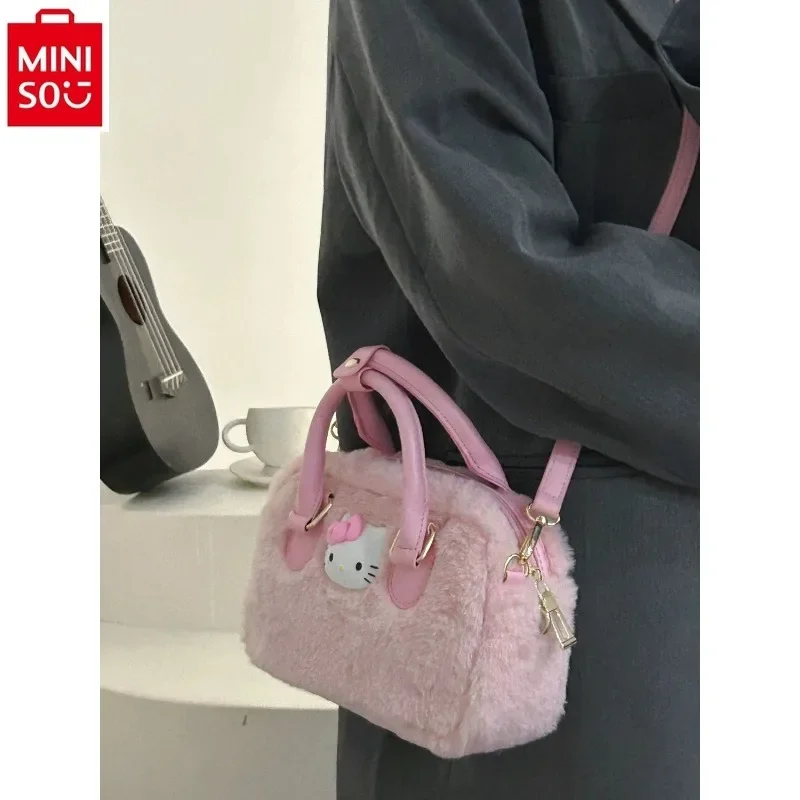 MINISO Sanrio Cartoon Hello Kitty Sweet Pink Printed Women's Love Cute Plush Fashion High Quality Diagonal Straddle Bag
