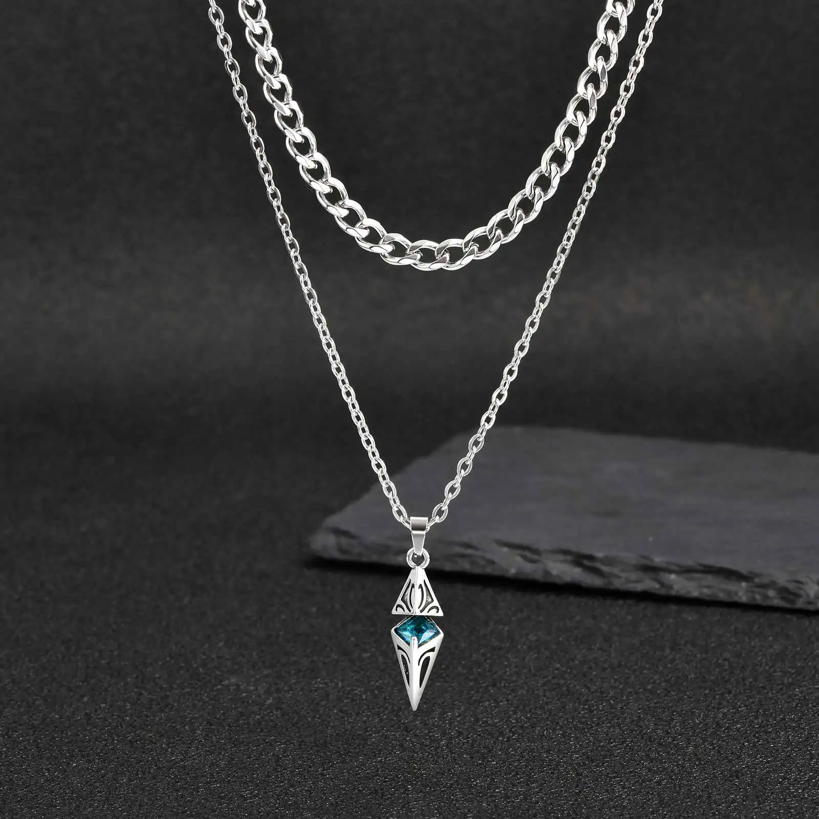 Blaue Stein-Geometrie-Layering-Halsketten für Männer, Hip-Hop-Edelstahlkette, Geschenk für Valentinstag und Geburtstagsfeier