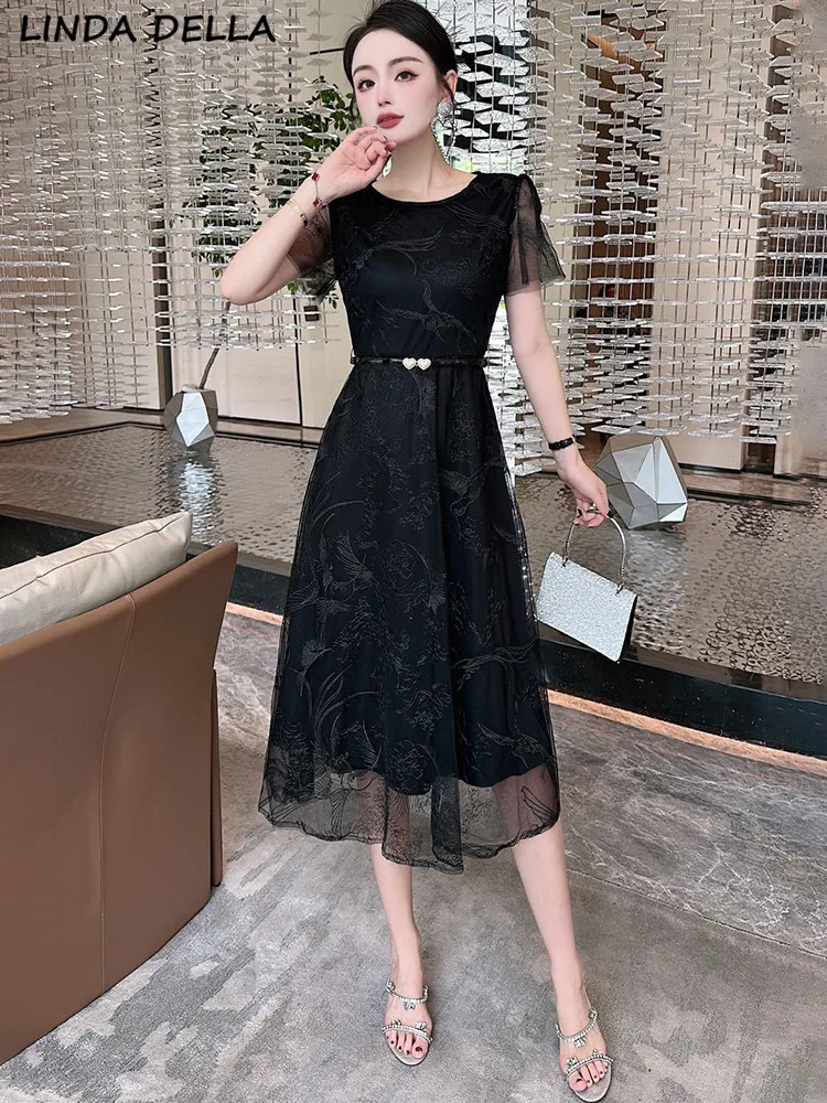 

LINDA DELLA Summer Fashion Designer Black Vintage Party Dress Women's O-neck Short Sleeve Embroidery Perspective Mesh Midi Dress
