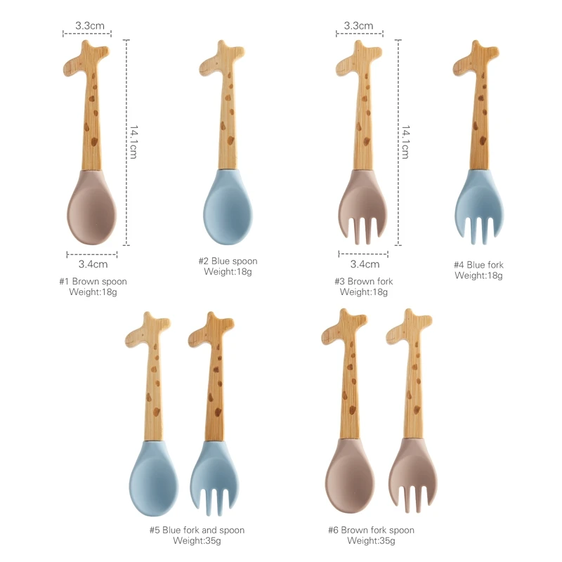 2PCS Baby Bamboo Fork Silicone Wooden Baby Feeding Spoon Toddlers Infant Feeding Accessories Organic BPA Free Food Grade Gift 6