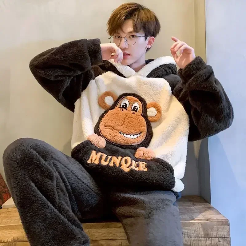 Autumn Winter Youth Sleep Clothes Suit Coral Plush Nightwear Large Size Pajamas Men Flannel Thicken Younger Male Homewear Set