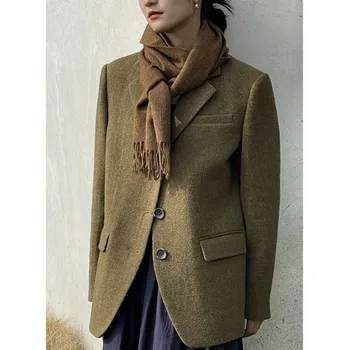 Woman‘s Autumn/winter Retro Casual Wool Woolen Suit Jacket British Style Loose Solid Single-breasted Suit Collar Woolen Coats