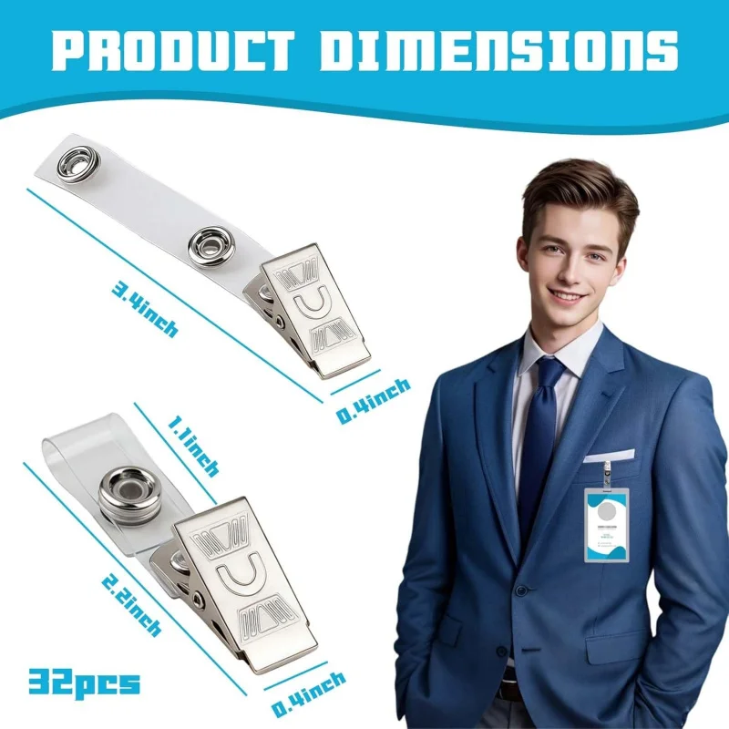 Premium Metal Badge Clips with Clear PVC Straps - 32-Pack for ID Cards, Badge Holders, and Name Tags