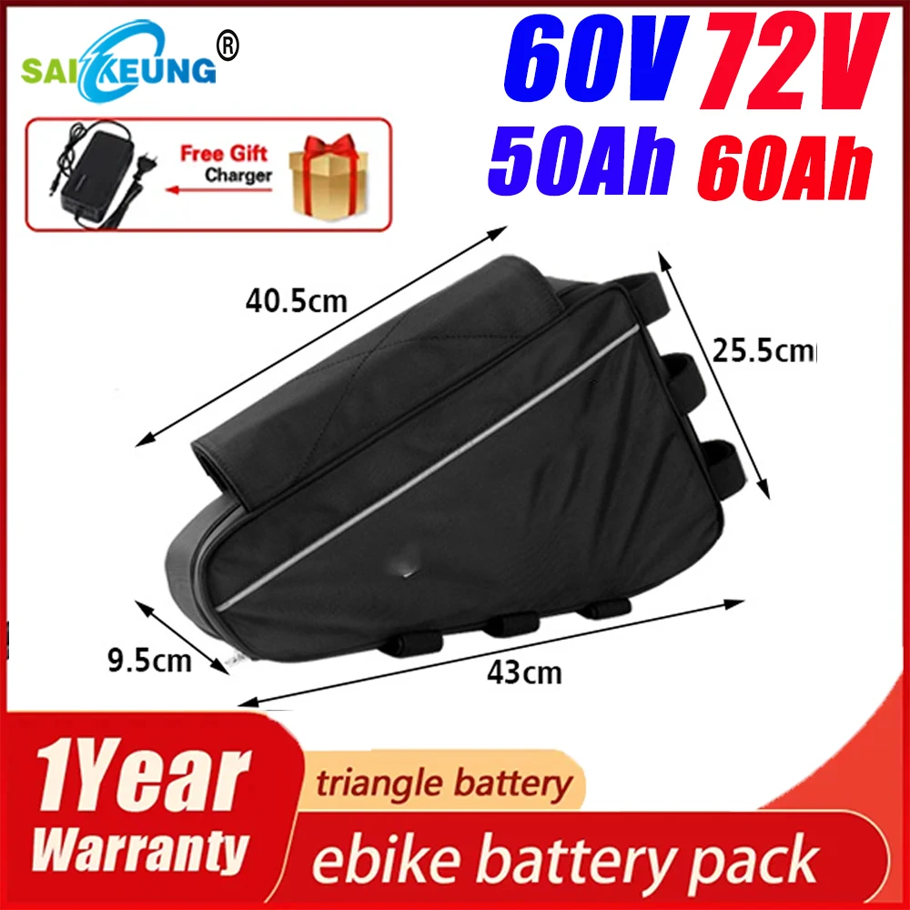 

36v 48v 52v 60v 72v Huge Capacity Triangle Battery 20ah 24ah 30ah 40ah 50ah 60ah 3000W 5000w Ebike Lithium Battery with Charger