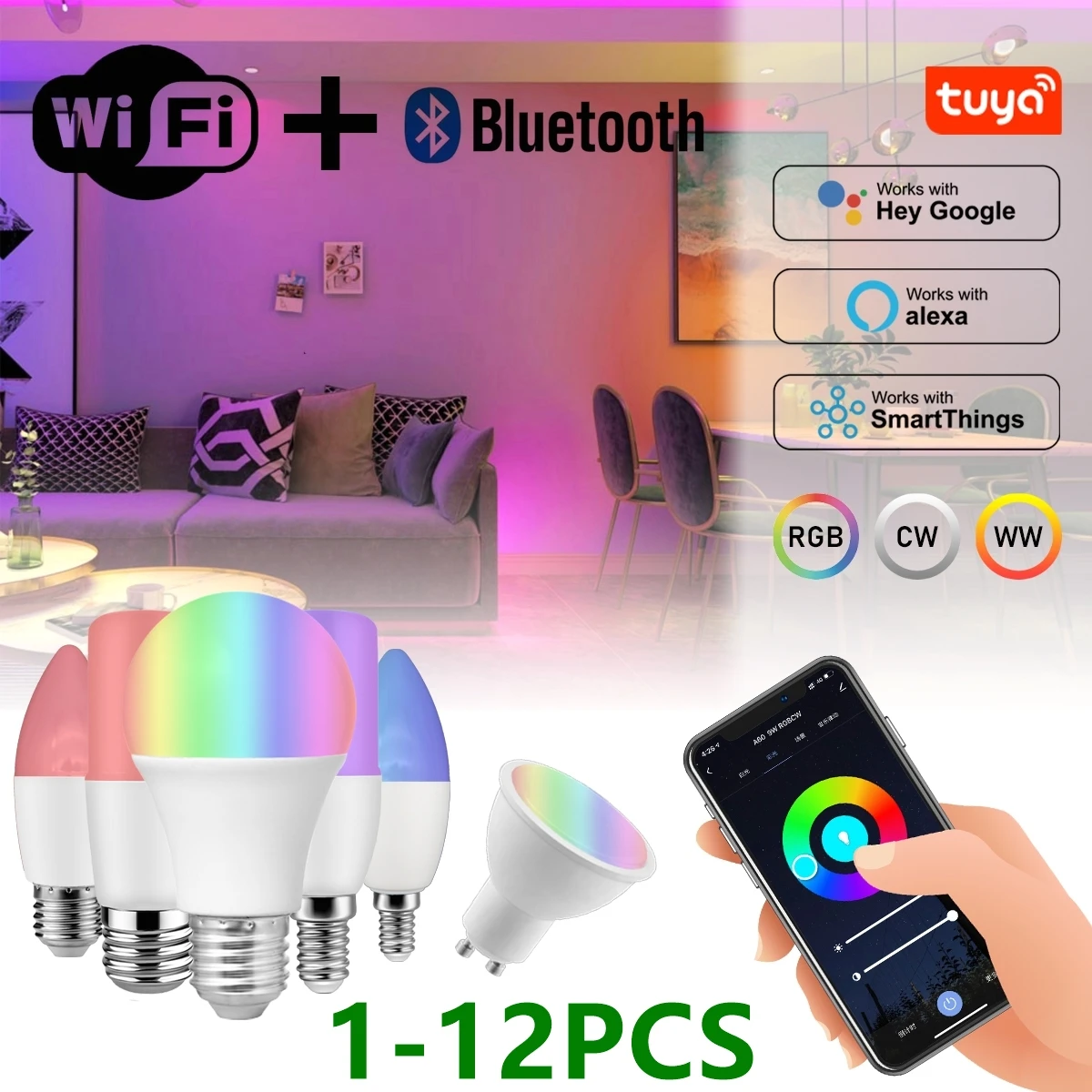 Wifi Smart IoT Led Bulb RgbCW Lamp Voice Control Colorful Changing Work With Google Home Alexa Light Bulb For Home Decoration