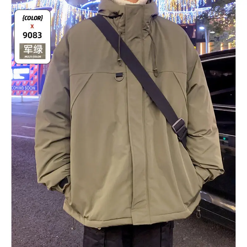 

Fashion Minimalist Coats Men Winter Warm Hooded Cotton Parkas Casual Trend Drawstring Solid Color Outdoor Loose Hoody Parka Male