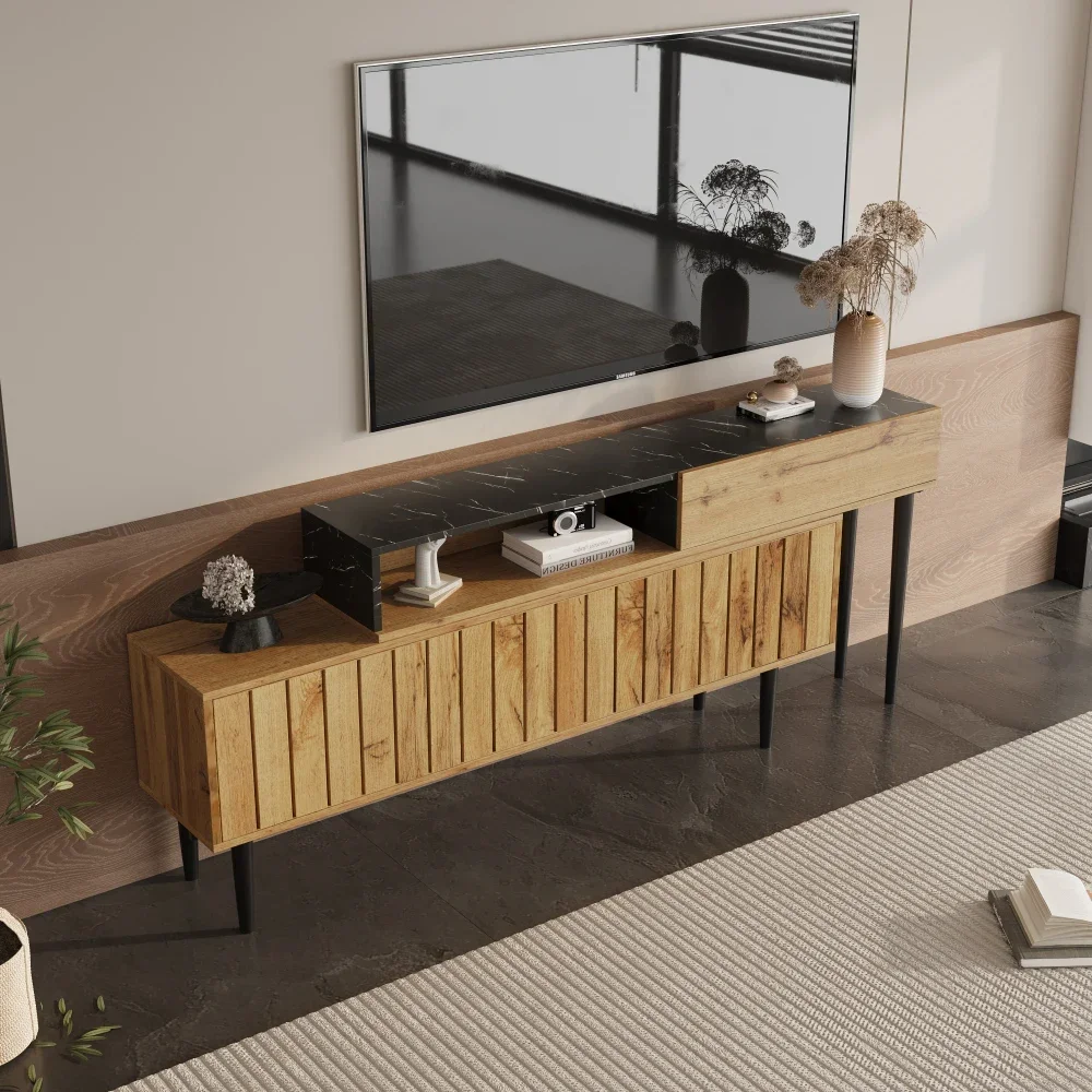 Moderner TV-Ständer mit Marmor- und Holzschnitzerei-Design, PVC-Kante, Eisenbeine, dunkle Holzfarbe, platzsparend, langlebig und langlebig – Detail 2