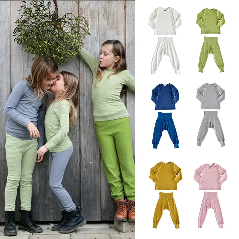 Children's Home Wear 2023 Fall New Solid Color Tight Boys Bottoming Shirt Suit Cotton Fashion Girls Pajamas Children's Clothing