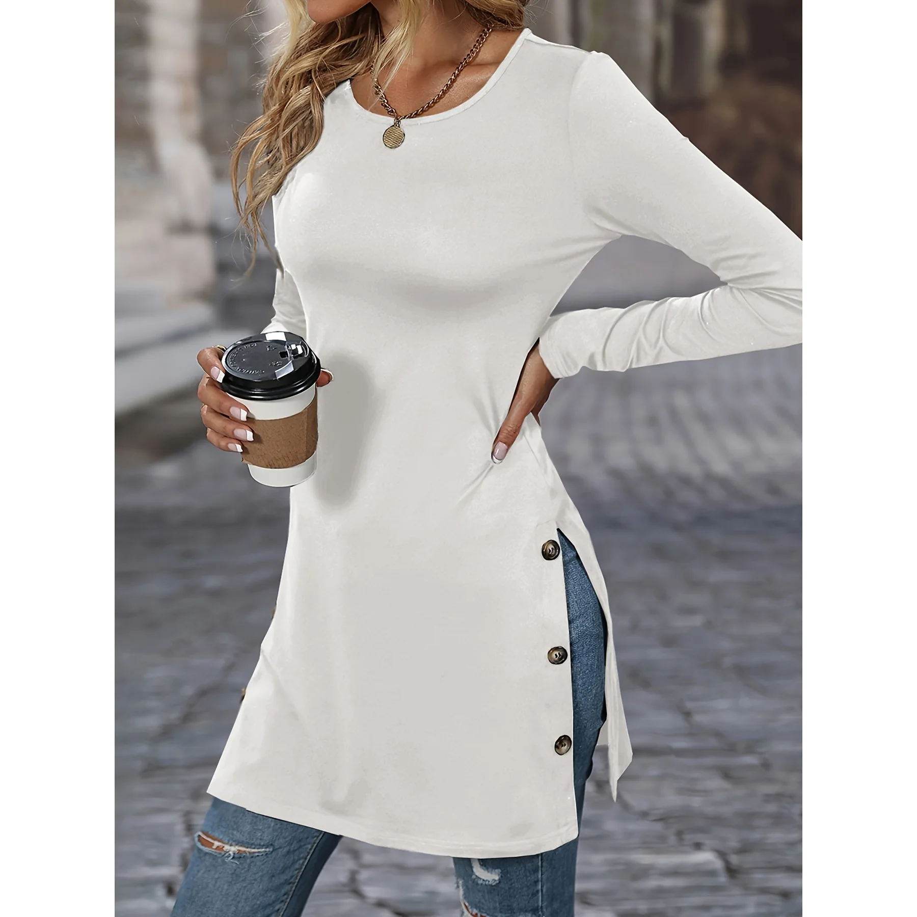 

VOLEEMI A-LINE Office Lady O-Neck Empire Solid Long Sleeved Slim Fit Slim Split White Summer Mini Dress T shirt Pullover