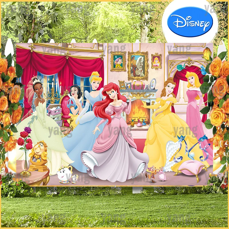 Cute Disney Princes Biancaneve Cenerentola Belle Aurora Ariel Tiana Happy Birthday Party Castle Sfondo Sfondi Decorazione