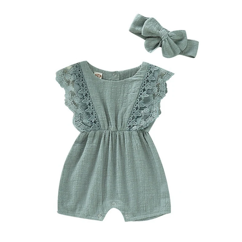 

Summer Baby Girl Rompers Newborn Baby Solid Lace Design Romper Clothes Toddler Flare Sleeve Jumpsuit With Headband One-Pieces