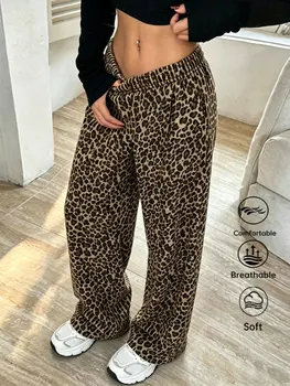 Y2K Womens Leopard Print Wide Leg Casual Pants Stretchy Fashion Retro Soft Straight Leg Leggings New Street Cool Feeling Bottoms 1