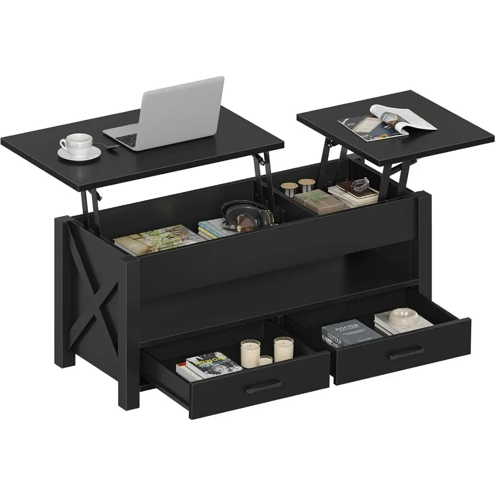 47.2-inch pop-up coffee table with 2 storage drawers and hidden compartments, vintage center table
