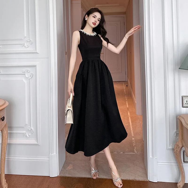 

Harajpoo Black Dress Women Long 2024 Summer New Elegant Hepburn Style Sleeveless Studded A-line Large Swing Lady Vestidos