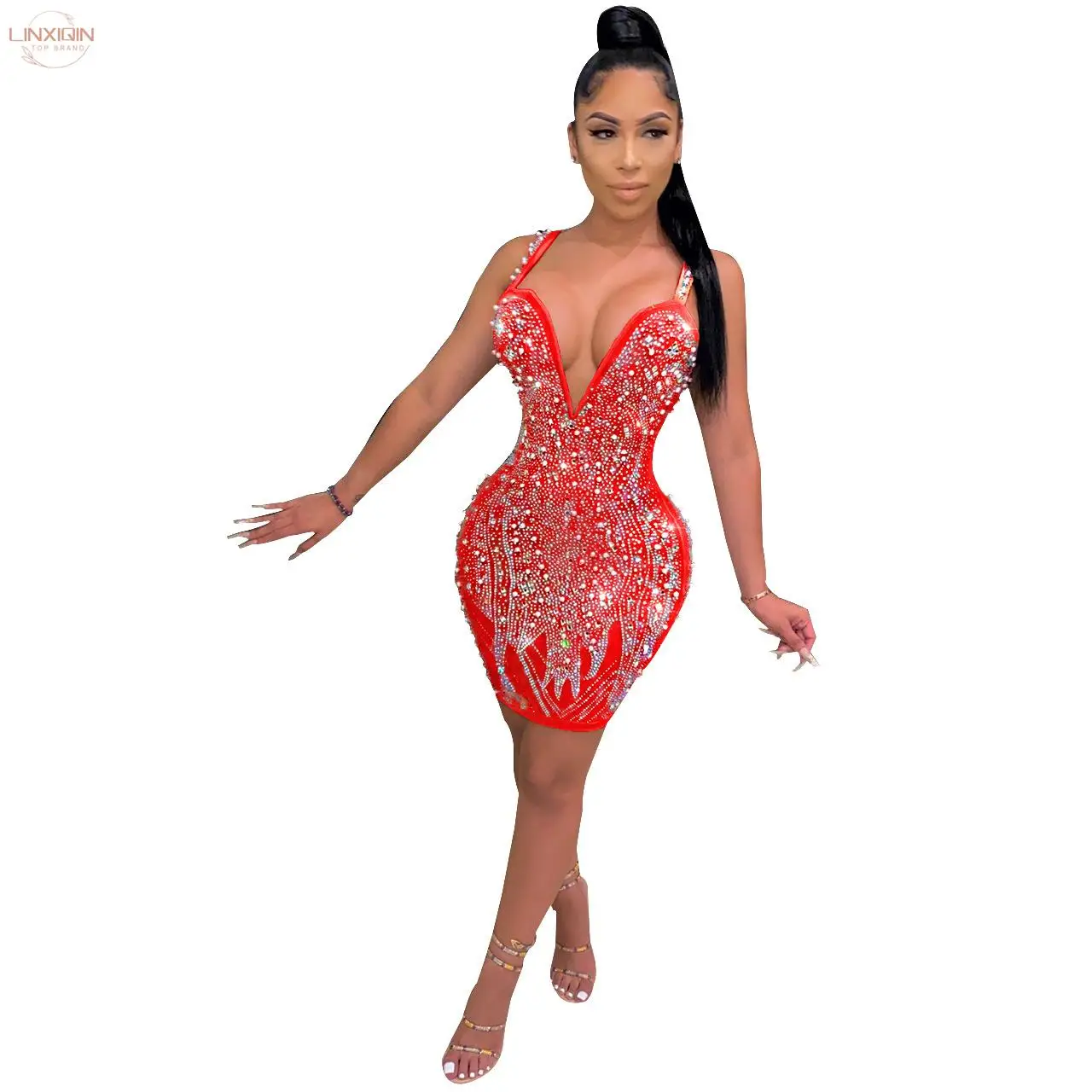 

Sparkle Sleeveless Sequins Pearl Crystal Party Dress Glitter Spagetti Straps Bodycon Celebrities Outfits Female Robes