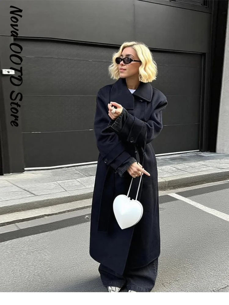 أنيقة الصلبة حزام طويل معطف الصوف المرأة واحدة الص...