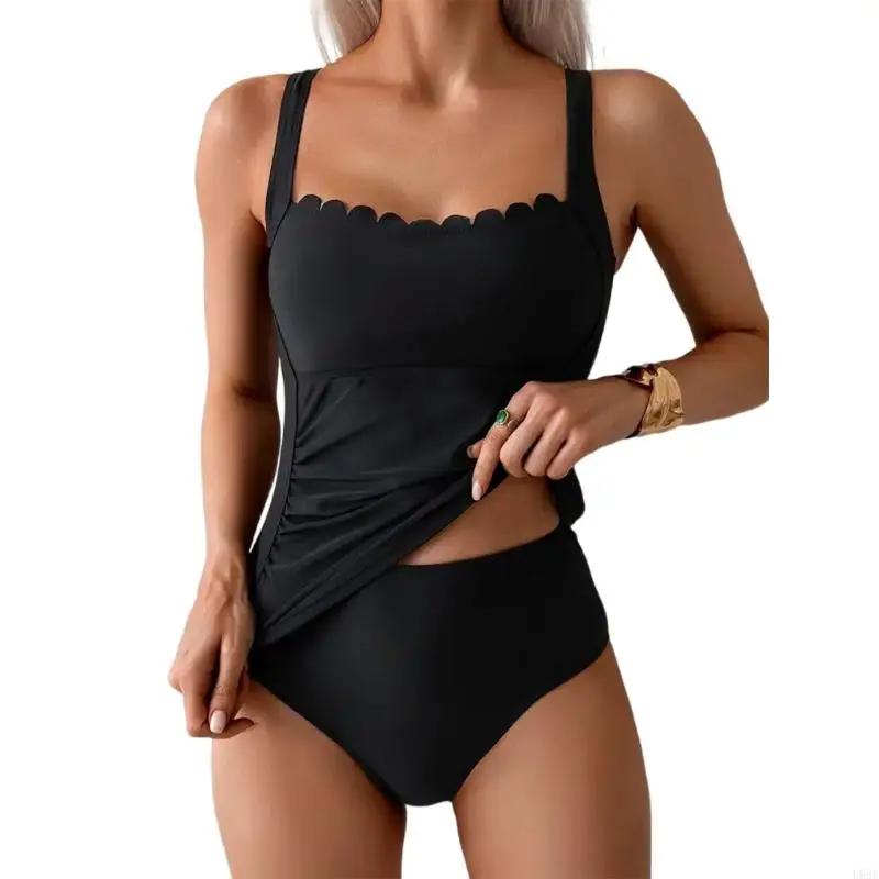 Women Tankini Swimsuits Set 2 Piece Swimwear with Waved Edging Swim Top and High Waist Briefs Bathing Suit Tankini Set