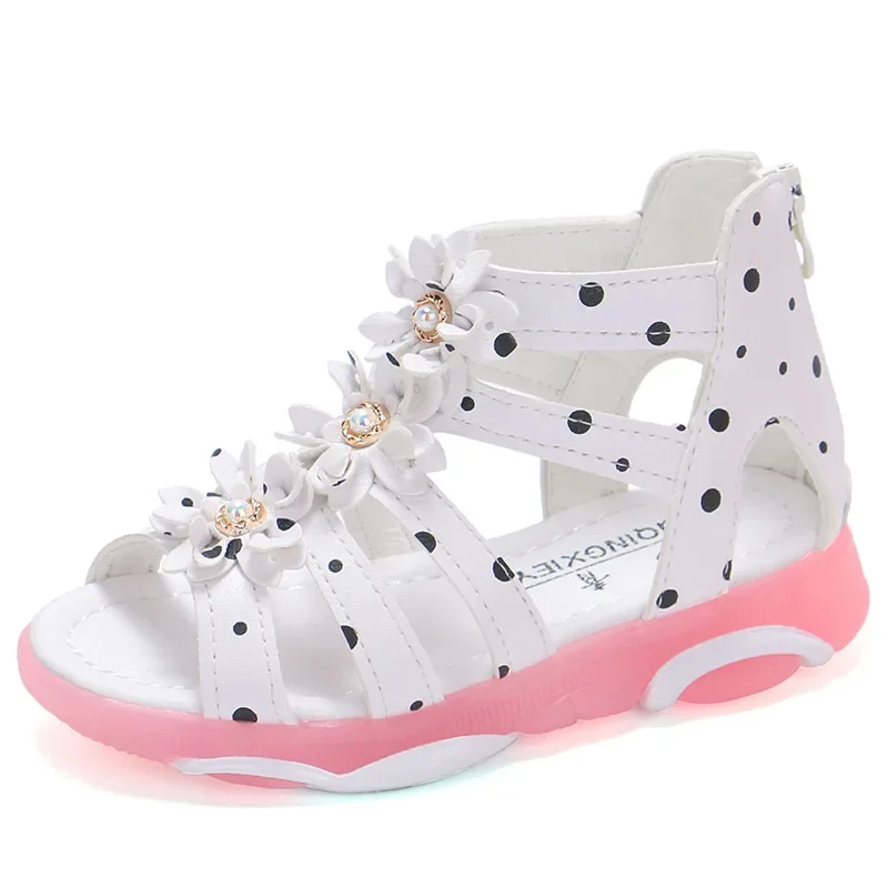 Girls Sandals Flowers Kids Roman Sandals Children Gladiator Shoes Soft Leather With Dots Zipper Pearl Beading Toddler 1-12 Years kids shoes children sandals kids sandals