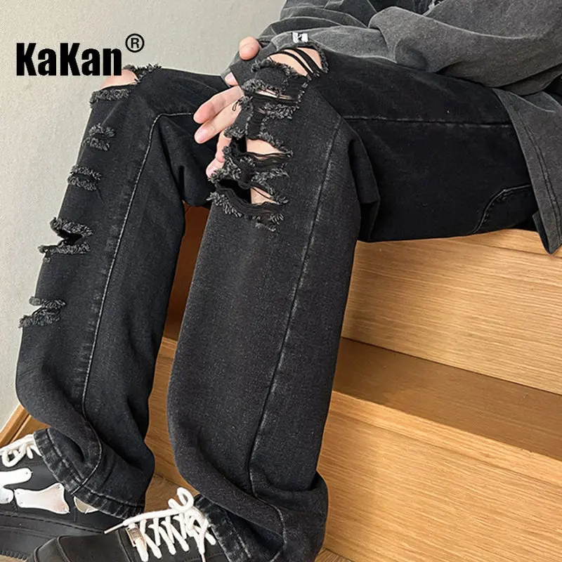 Kakan - New High Street Distressed Jeans Men's Wear, Wash Vintage Loose  Slim Fit Straight Leg Jeans K24-KJ2229