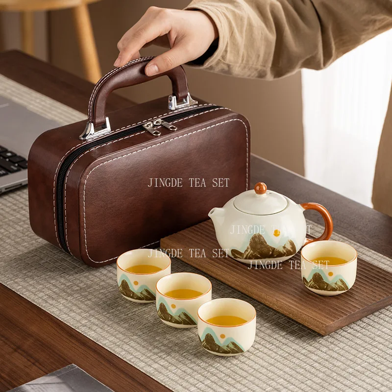 Panda Chinese Tea Set Ru Kiln Household Kung Fu Tea Set Travel Portable Large Capacity Teapot 1 Pot, 4 Cups Set Underglaze Color