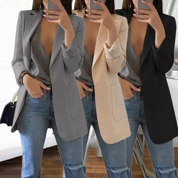 2024 Elegant jacket Women's Suit Single office Casual British Professional Women's Buttonless suit collar pocket simple coat top 1