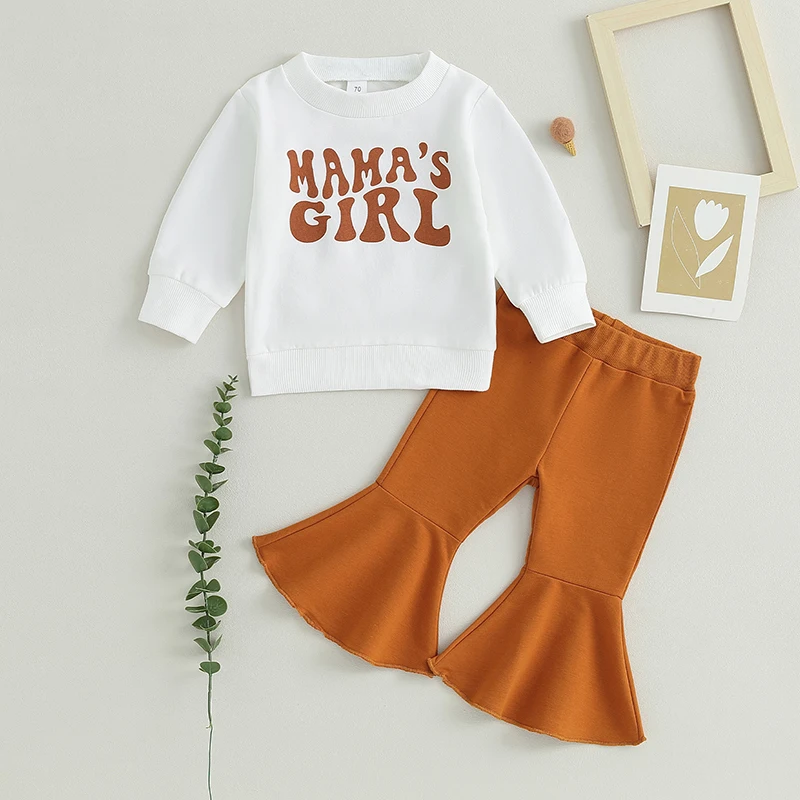 

2023-07-07 Lioraitiin 0-3Years Baby Girls 2Pcs Outfit Long Sleeve Letters Mama's Girl Print Sweatshirt Flare Pants Fall Clothes