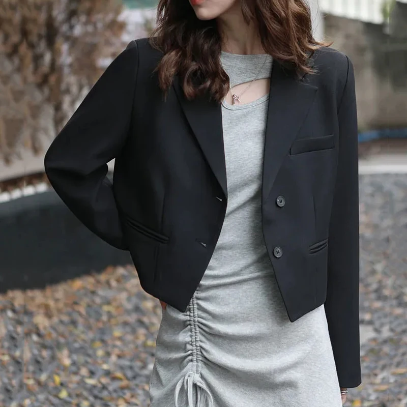 Fashion Design Cropped Suit Jacket Women 2025 Autumn Long Sleeve Korean Blazers Woman Solid Color Single-Breasted Office Coat