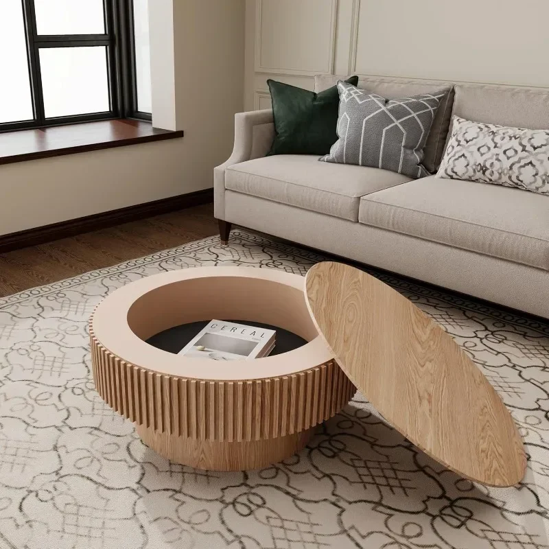 Round Coffee with Storage, 31.5" Modern Solid Wood Veneered Drum CoffeeCircle Wood Table Side Table