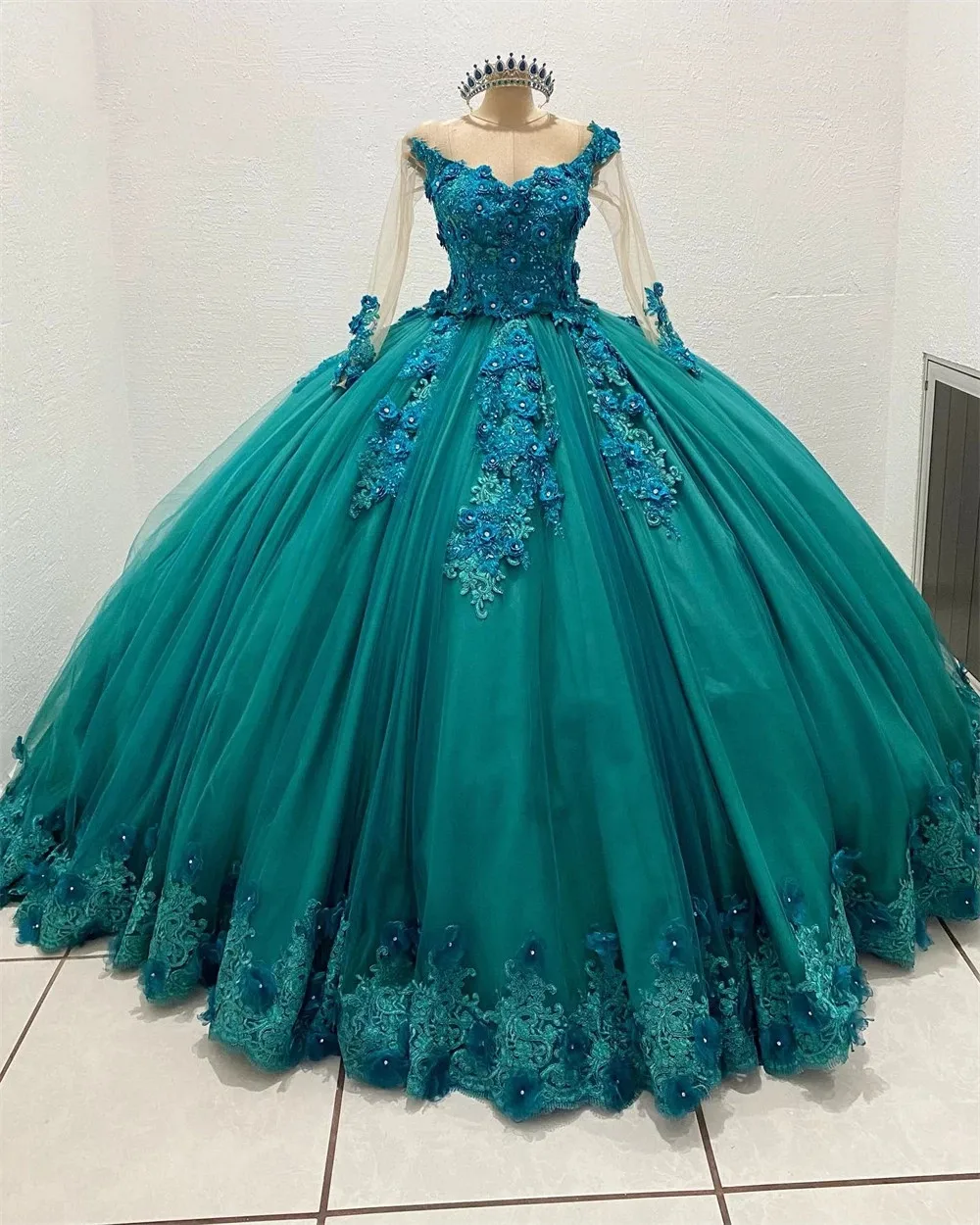 

Teal blue Long Sleeve Quinceanera Dresses Ball Gown Birthday Prom Sweet 15 16 Dress Graduation Gowns vestidos de 15 quinceañera