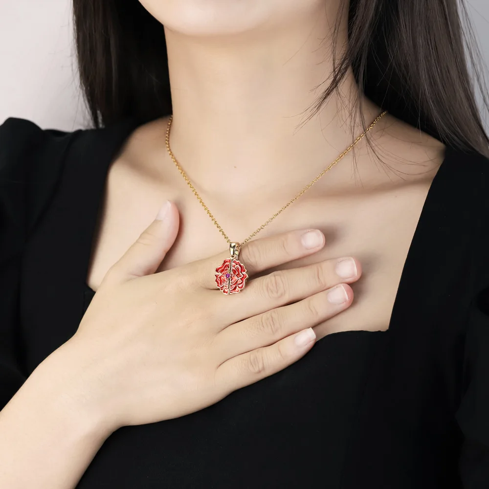 Benutzerdefinierte Namenskette Mode Thanksgiving Muttertag Geburtstagsgeschenk DIY Schmuck Öffnen und Schließen Diamant Rote Blume Anhänger Geschenke – Detail 4