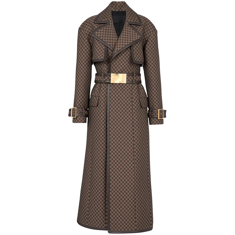 

New 2024 celebrity fashion belted jacquard maze pattern printed luxury long trench coat jacket