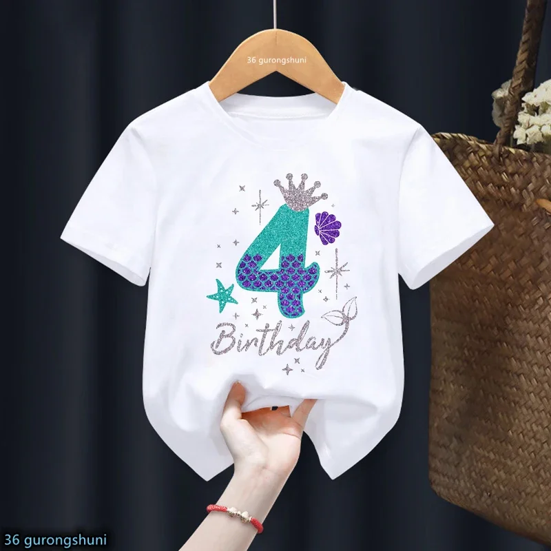 thumbnail image 1 of Bonita camiseta de algodón para niña, regalo de sexto cumpleaños, camiseta con estampado de corona de princesa sirena, camisetas blancas Harajuku Kawaii, 1 of 5