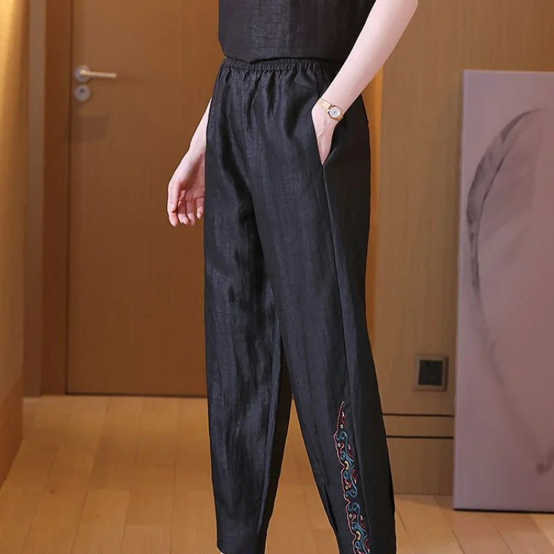 Summer Thin Women Black Harun Pants New Fashion Big Size Vintage Embroidery Elastic High Waist Loose Casual Straight Trousers