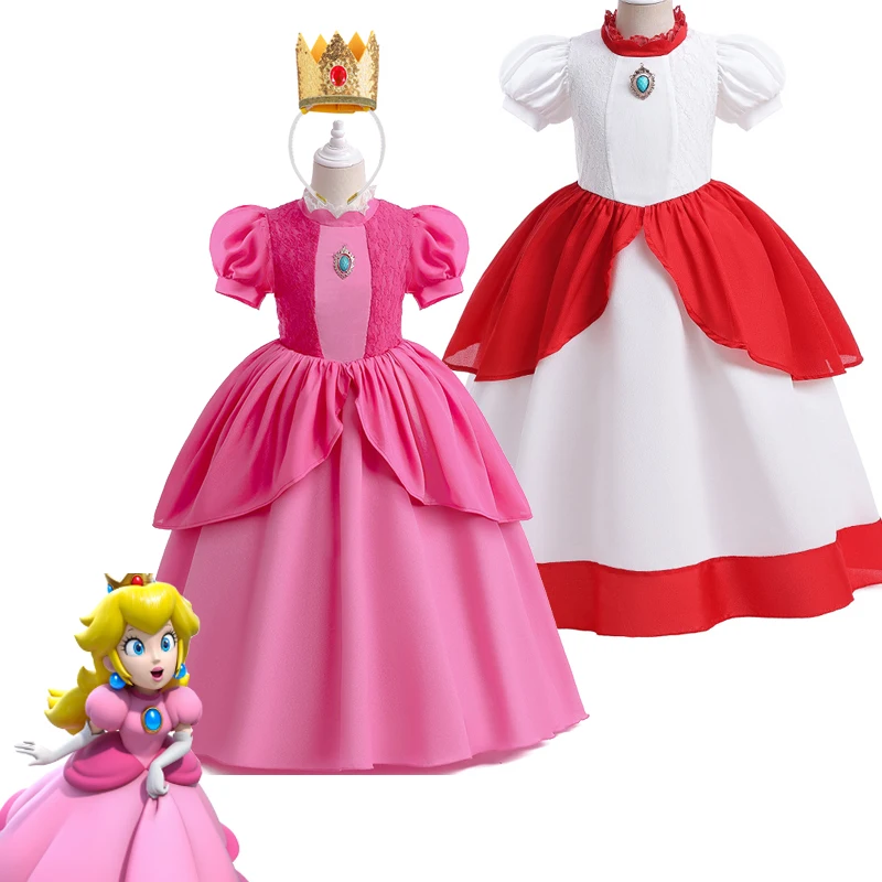 

New Princess Peach Toadstool Cosplay Dress Girl Costume Birthday Party dresses Performace Outfits Kids Carnival Fancy Clothes