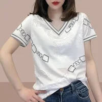 Woman T Shirt 100℅ Cotton Graphic Baggy Polo Neck Women Women's Clothing Trend 2025 Youthful Elegant Youth Fashion High Quality