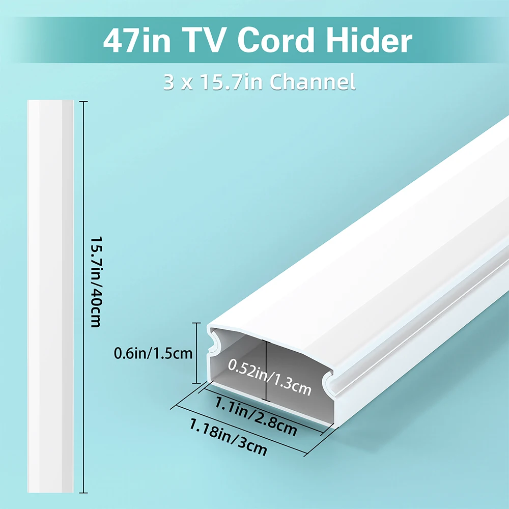 3pcs TV Cable Hider 47in PVC Cord Hider Cable Management Wall,Paintable Concealer for Wall Mounted TV,L15.7 W1.2 H0.59in